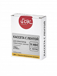Кассета с лентой S'OK by Sakura Printing TZEB21 для Brother,  черный на оранжевом, 9мм/8м , наклейка